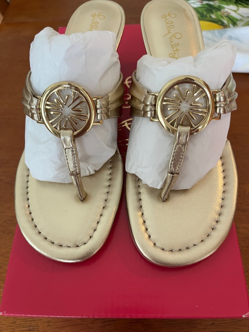 Gold Lily Pulitzer Rousseau Wedge sandal NIB size 6.5M.